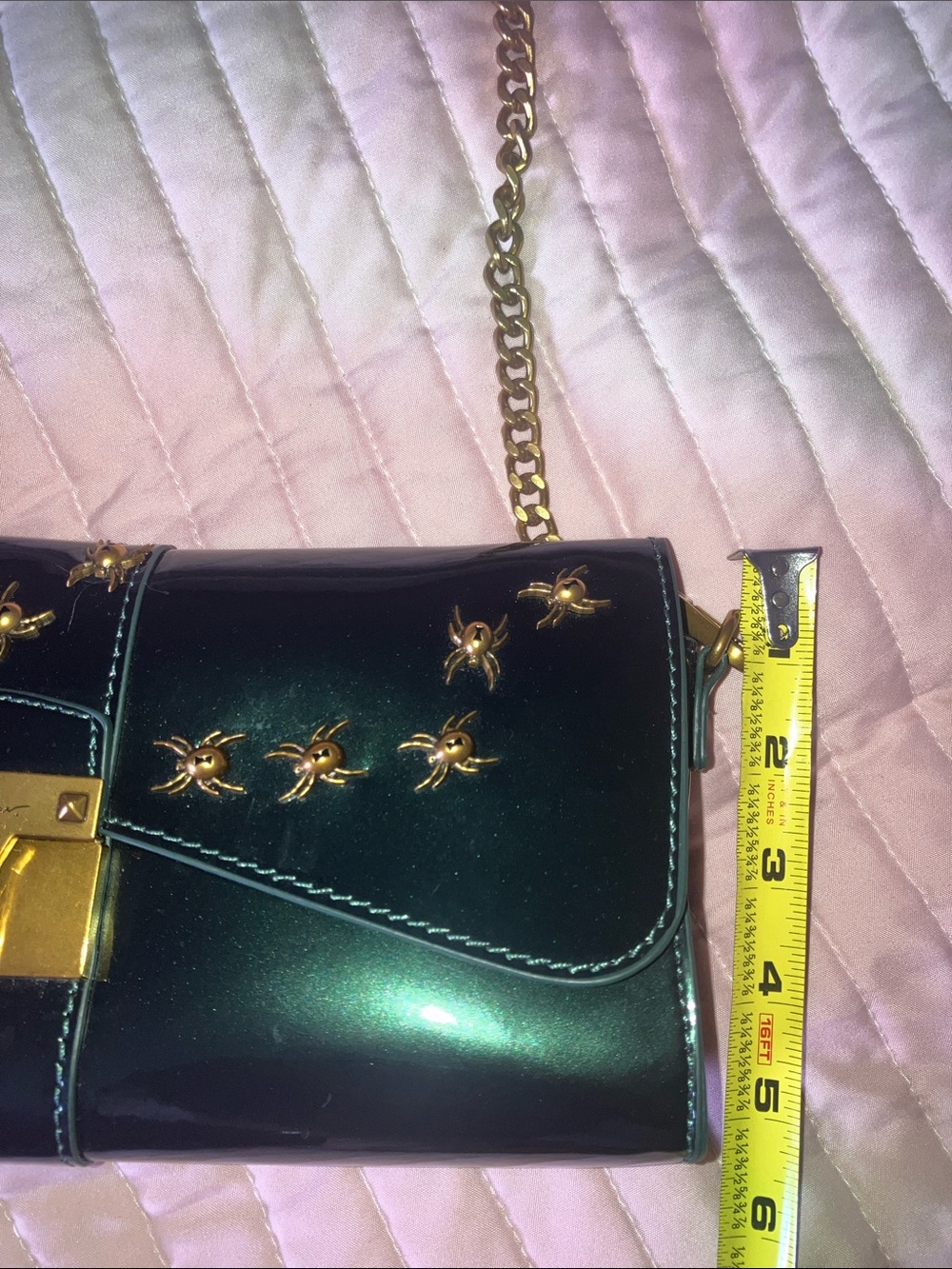 Betsey Johnson dark green spider stud chain purse eyes + hearts inside RARE EUC - Picture 15 of 16